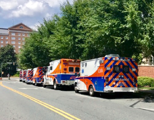UVAHS ambulances staged adjacent to the medical center and ready to respond to emergency calls. 