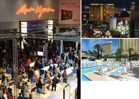 Clockwise from left: Las Vegas Convention Center, Las Vegas Strip, Delano Beach Club