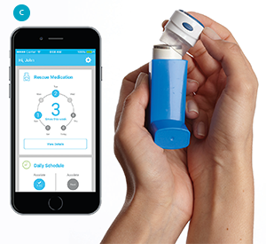 C. Propeller Health’s connected inhaler collects data on frequency of use, time of day, weather, and geographic area to help patients and physicians manage asthma or chronic obstructive pulmonary disease.