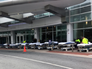 Gurneys lined up outside of the University of Virginia Medical Center initial casualty collection point (the front entrance to the medical center), ready to receive patients.