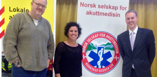 From Left: Kåre Løvstakken, MD, project leader at AHUS; Gayle Galletta, MD, FACEP; and Lars Petter Bjørnsen, MD, FACEP, founder of Norwegian Society of Emergency Medicine, at the Society’s fourth national symposium on emergency medicine, November 2014, Trondheim, Norway.