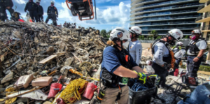 The Urban Search and Rescue team worked 24-7 in 12-hour shifts in and atop the debris, searching, geolocating information, and assuring safety.